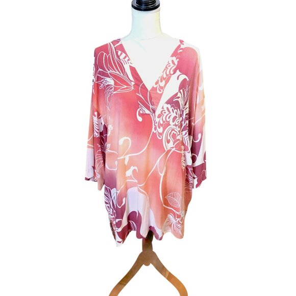 Natori V Neck Pink, Peach, White Long Sleeve Tunic Dress in Size XL - Picture 1 of 6